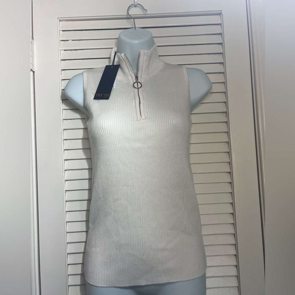 TRUTH NYC Ribbed Mock Neck Zip Sweater Tank Cream Sleeveless Knit Top S Chic